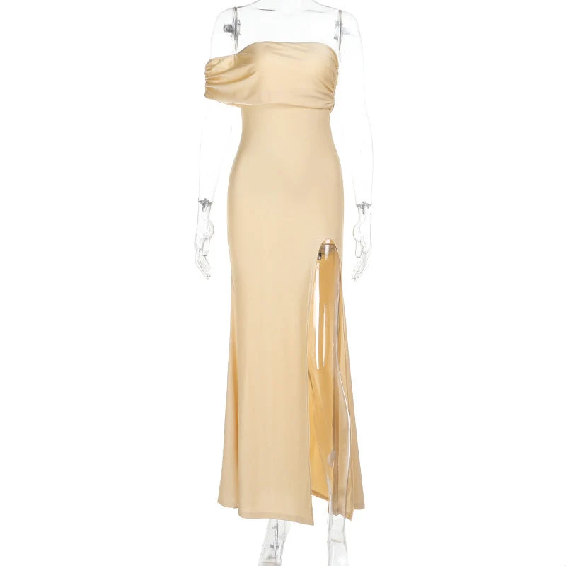 Damen schulterfreies Maxikleid mit eleganter Drapierung und hohem Schlitz Nord Taschen