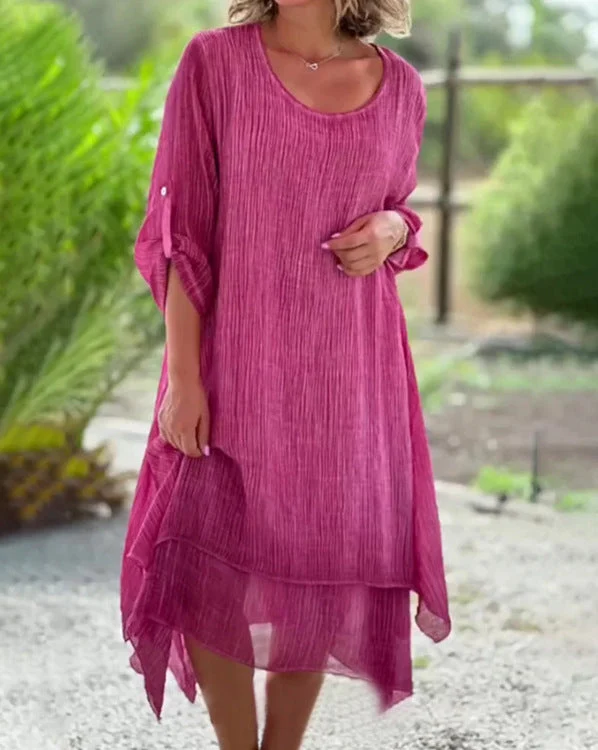 Damen nan weites Musselin-Midikleid mit rundem Halsausschnitt, krempelbaren halblangen Ärmeln und mehrlagigem Stufenrock