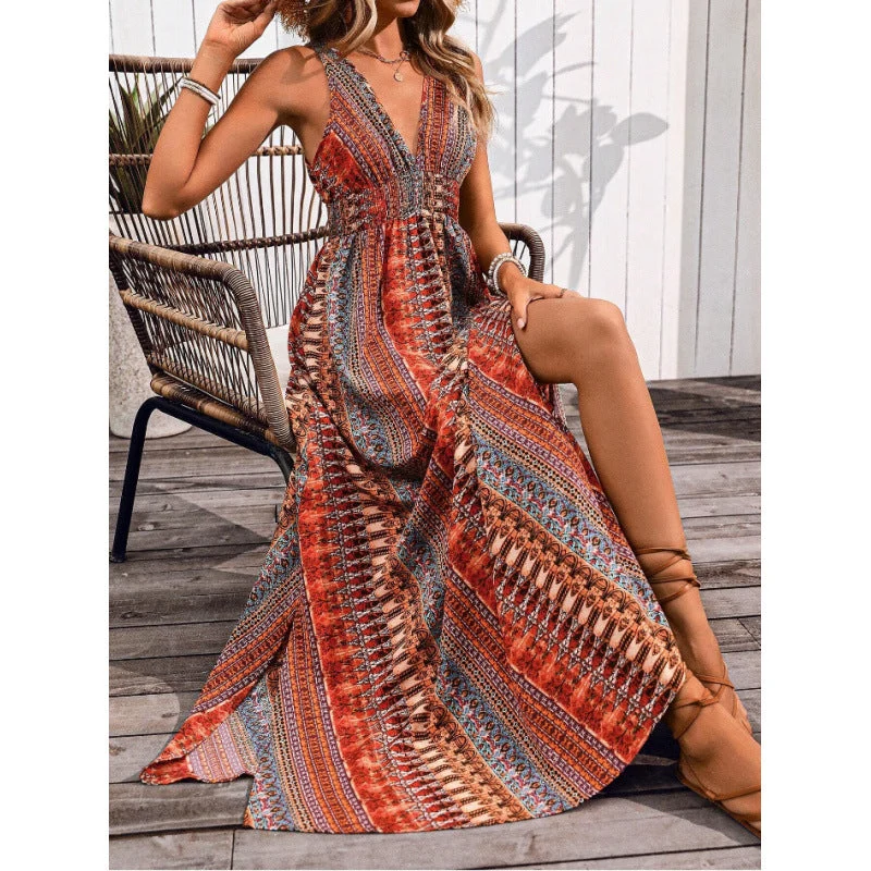 Damen Maxikleid mit tiefem V-Ausschnitt und schwingendem Rock
