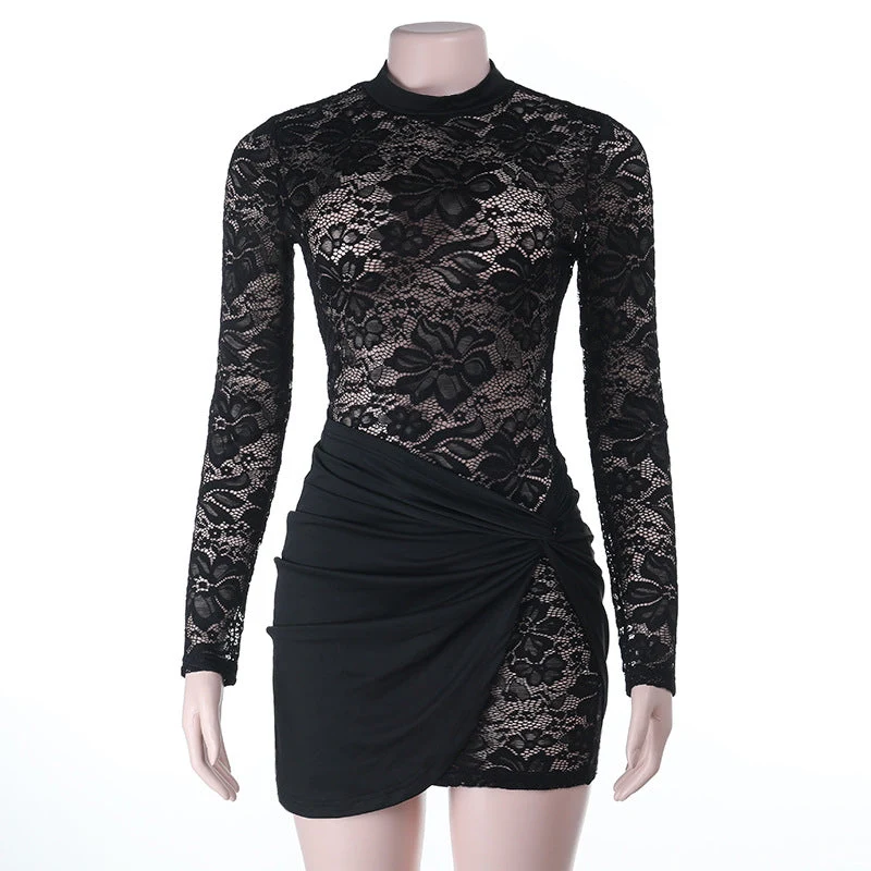 Damen figurbetontes Minikleid mit Spitzenärmel und avantgardistischem Wickeldesign