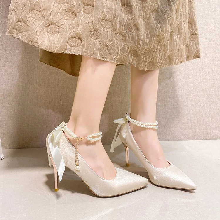 Damen Spitzenhigh Heels mit Perlenakzenten und elegantem Schleifenverschluss
