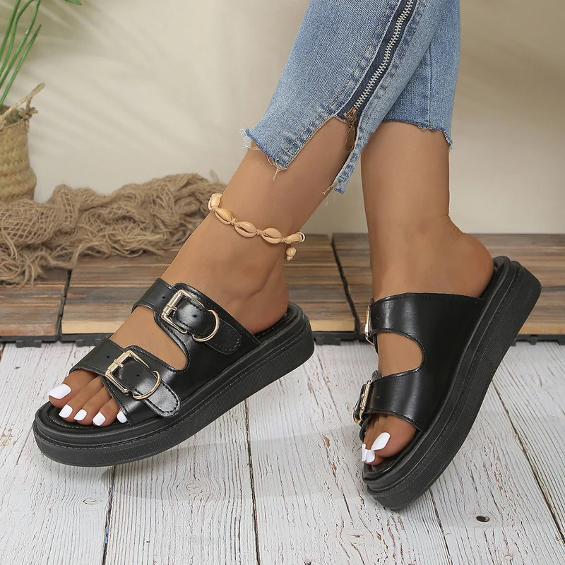 Damen Wedge-Pantoletten mit modischen Doppelriemen und trendigem Plateau-Heel