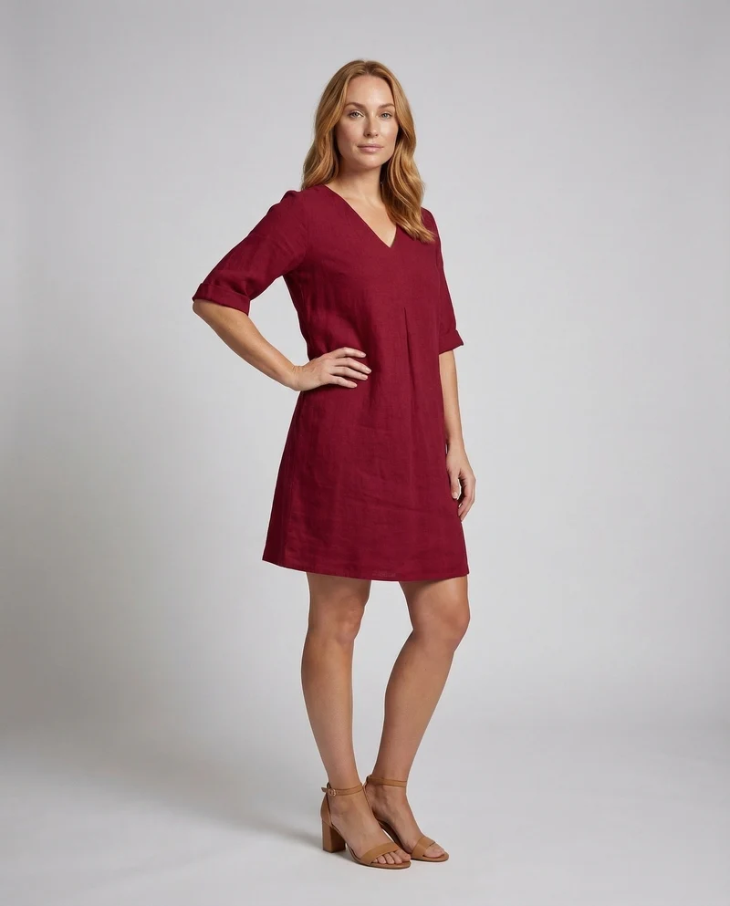 Damen Leinen-Midikleid Kellerfalte Dreiviertelärmel