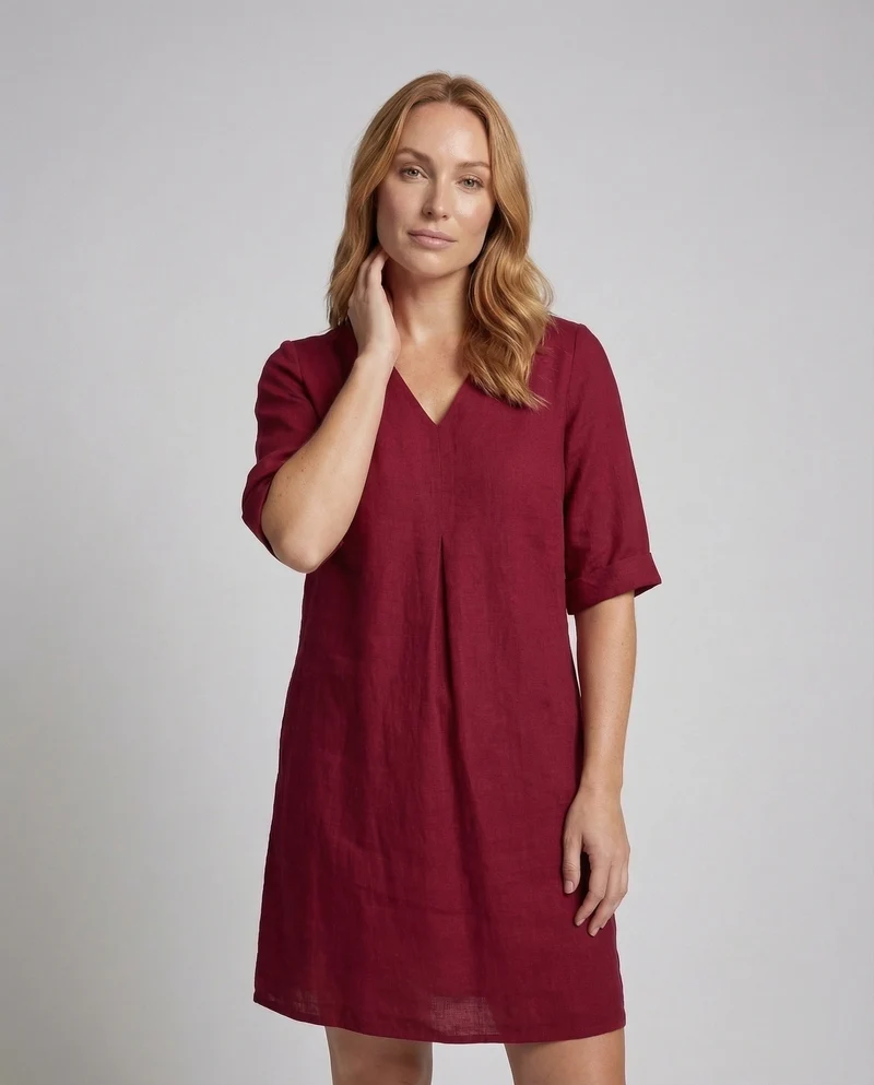 Damen Leinen-Midikleid Kellerfalte Dreiviertelärmel