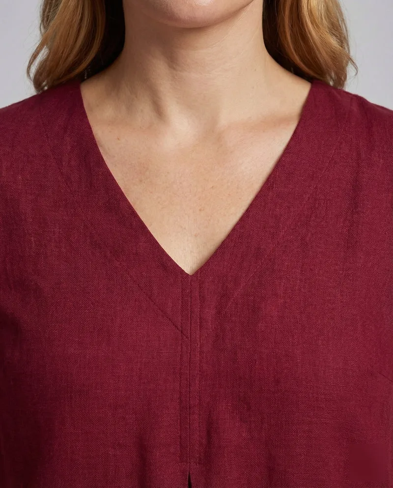 Damen Leinen-Midikleid Kellerfalte Dreiviertelärmel