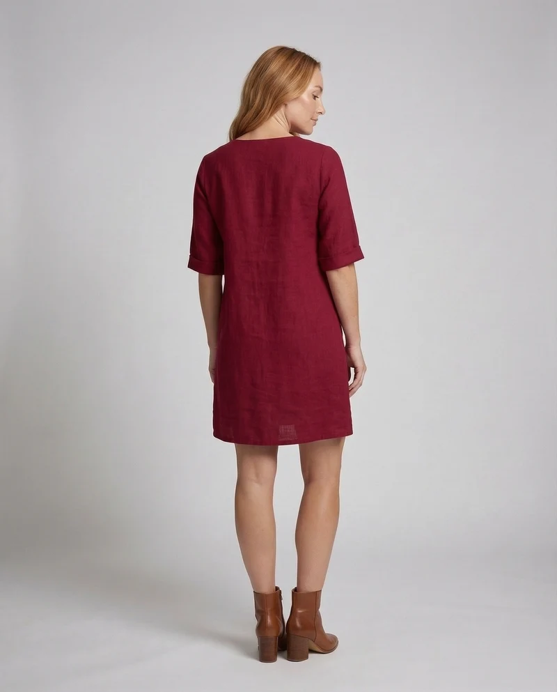 Damen Leinen-Midikleid Kellerfalte Dreiviertelärmel