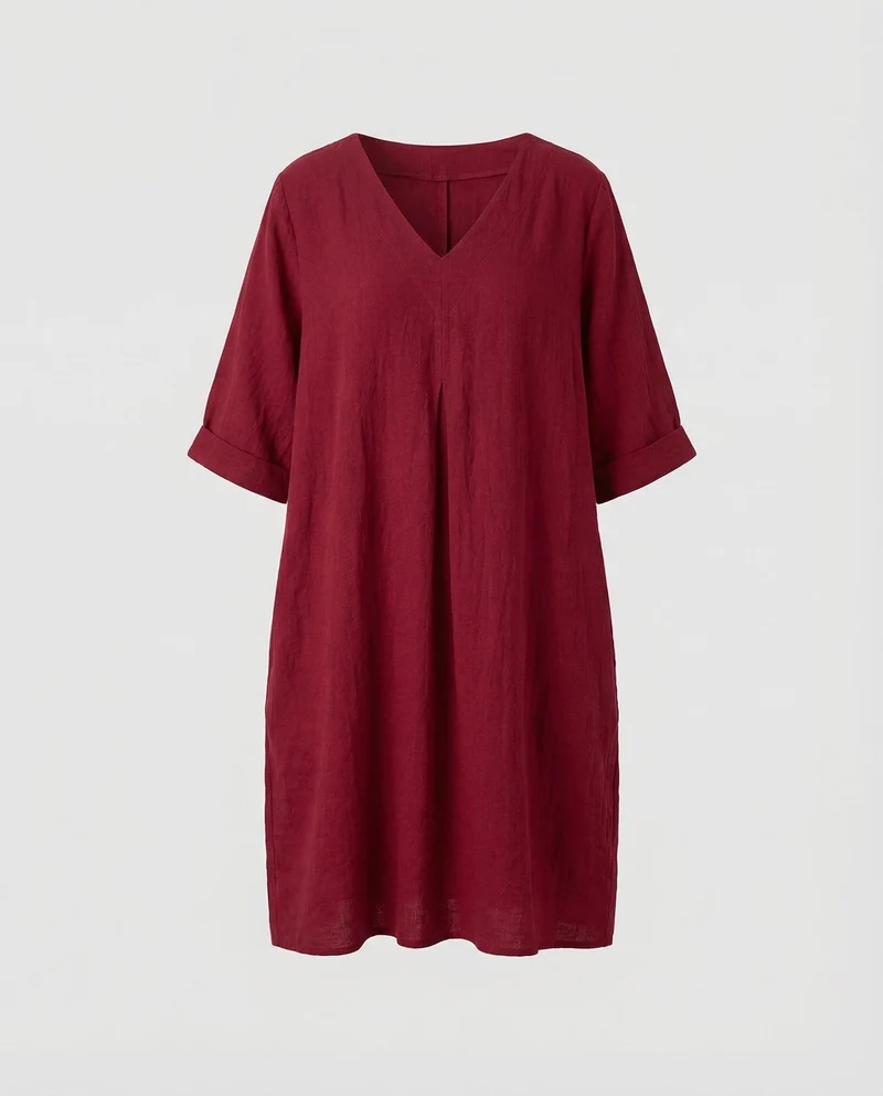 Damen Leinen-Midikleid Kellerfalte Dreiviertelärmel