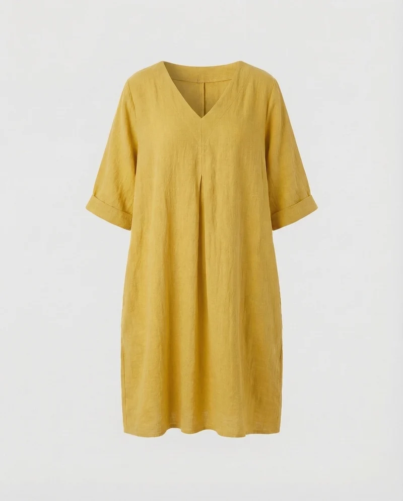 Damen Leinen-Midikleid Kellerfalte Dreiviertelärmel