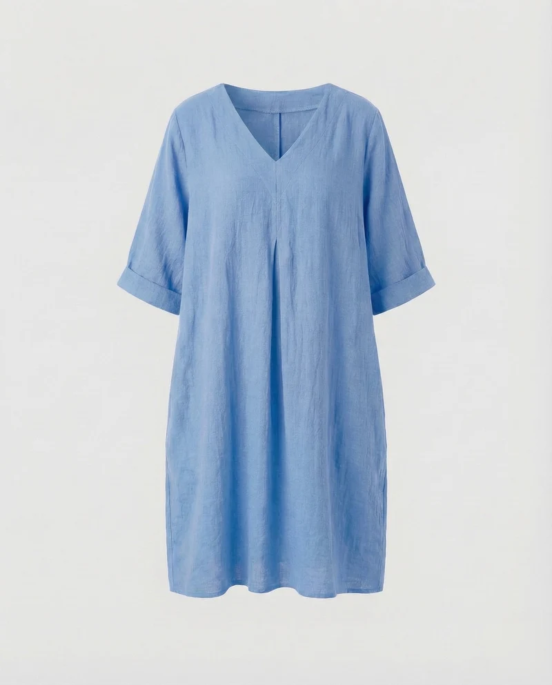 Damen Leinen-Midikleid Kellerfalte Dreiviertelärmel