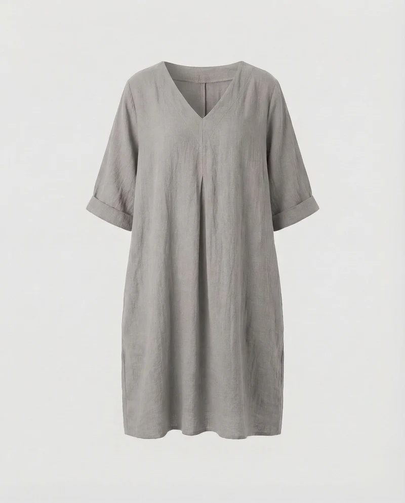 Damen Leinen-Midikleid Kellerfalte Dreiviertelärmel