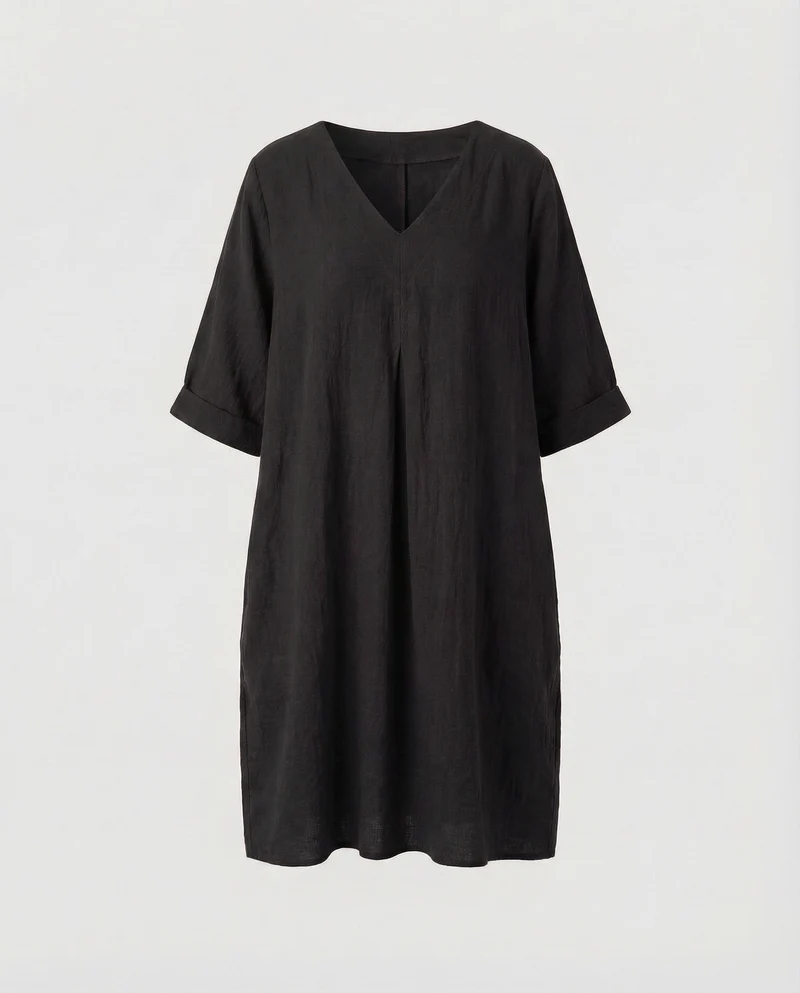 Damen Leinen-Midikleid Kellerfalte Dreiviertelärmel
