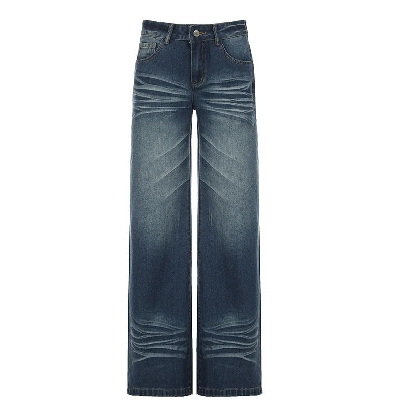 Damen Weite Jeans im Vintage-Stil mit hohem Bund und modischen Steppnähten