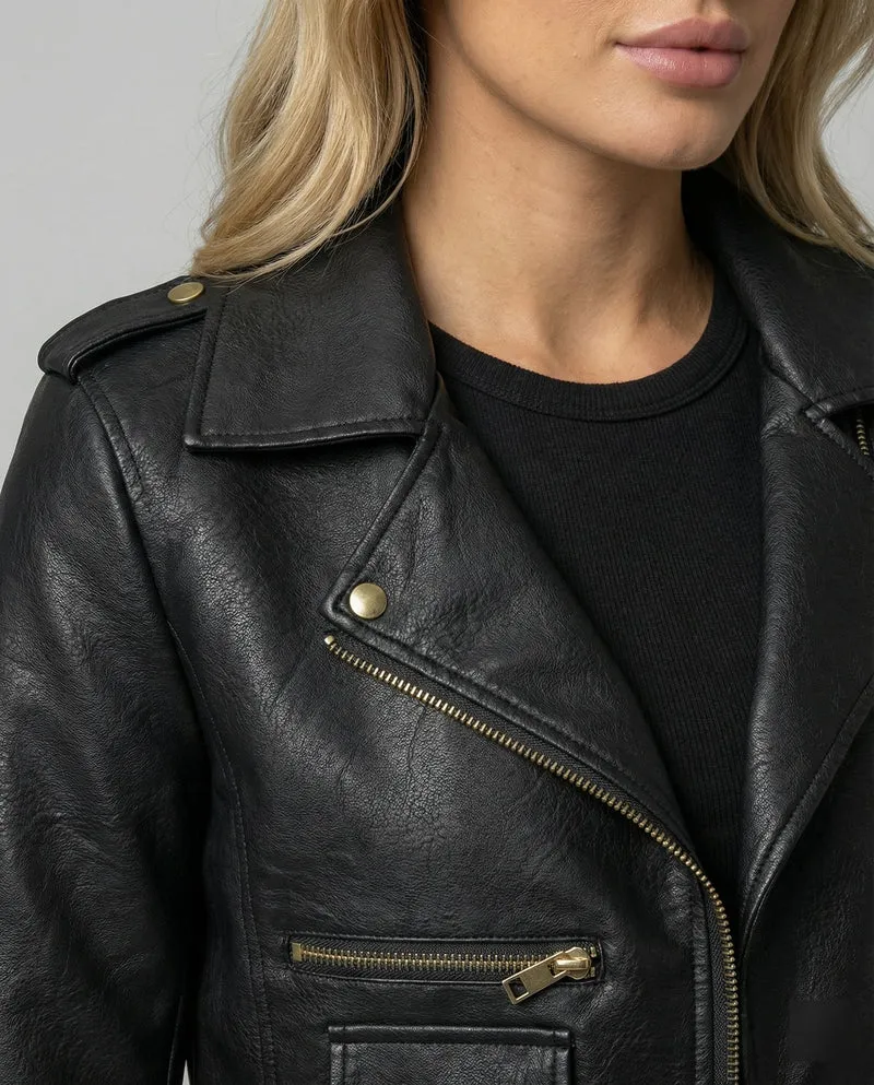 Damen taillenkurze Bikerjacke in Glattlederoptik mit übergroßem Hemdkragen, asymmetrischem Reißverschluss und Reißverschlussmanschetten