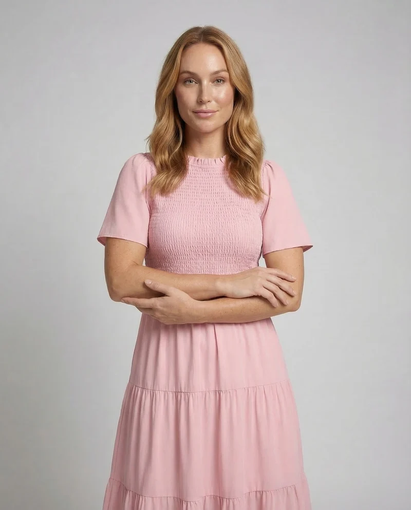 Damen Stufenkleid Midi Gesmokt