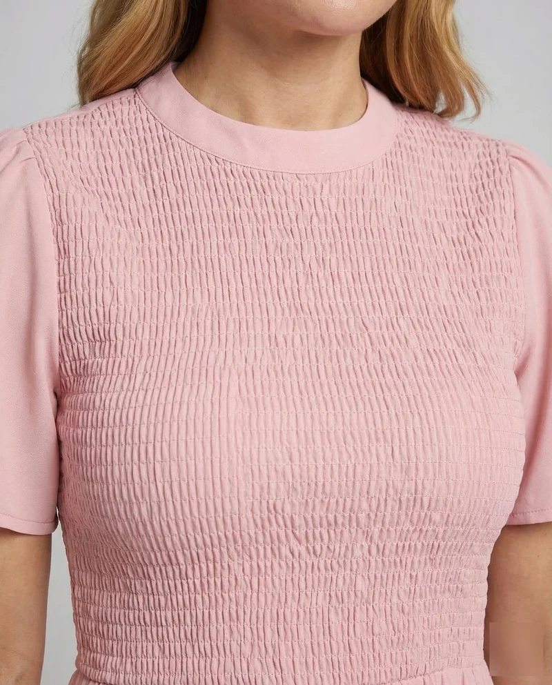 Damen Stufenkleid Midi Gesmokt