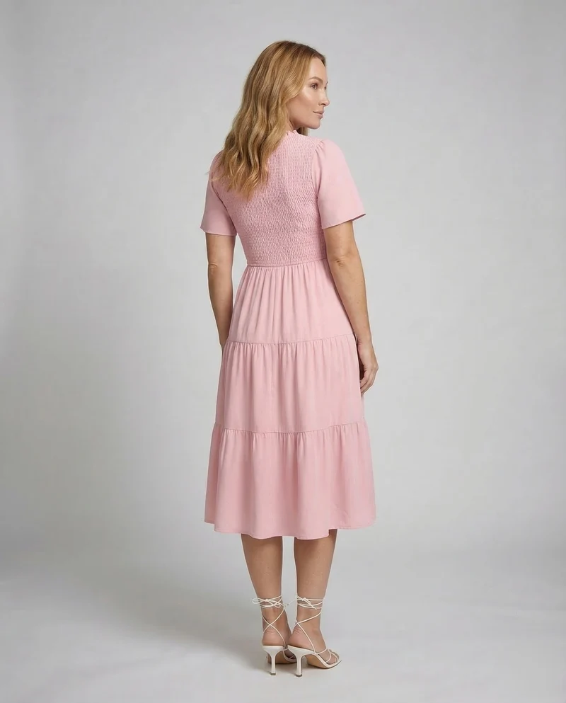 Damen Stufenkleid Midi Gesmokt