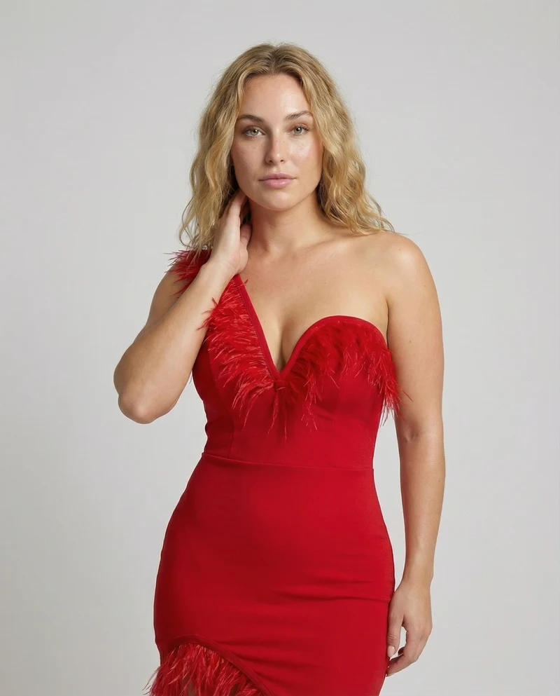 Damen Ein-Schulter Midikleid Zipfelsaum Federn