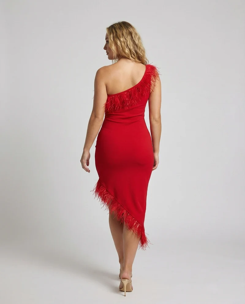 Damen Ein-Schulter Midikleid Zipfelsaum Federn