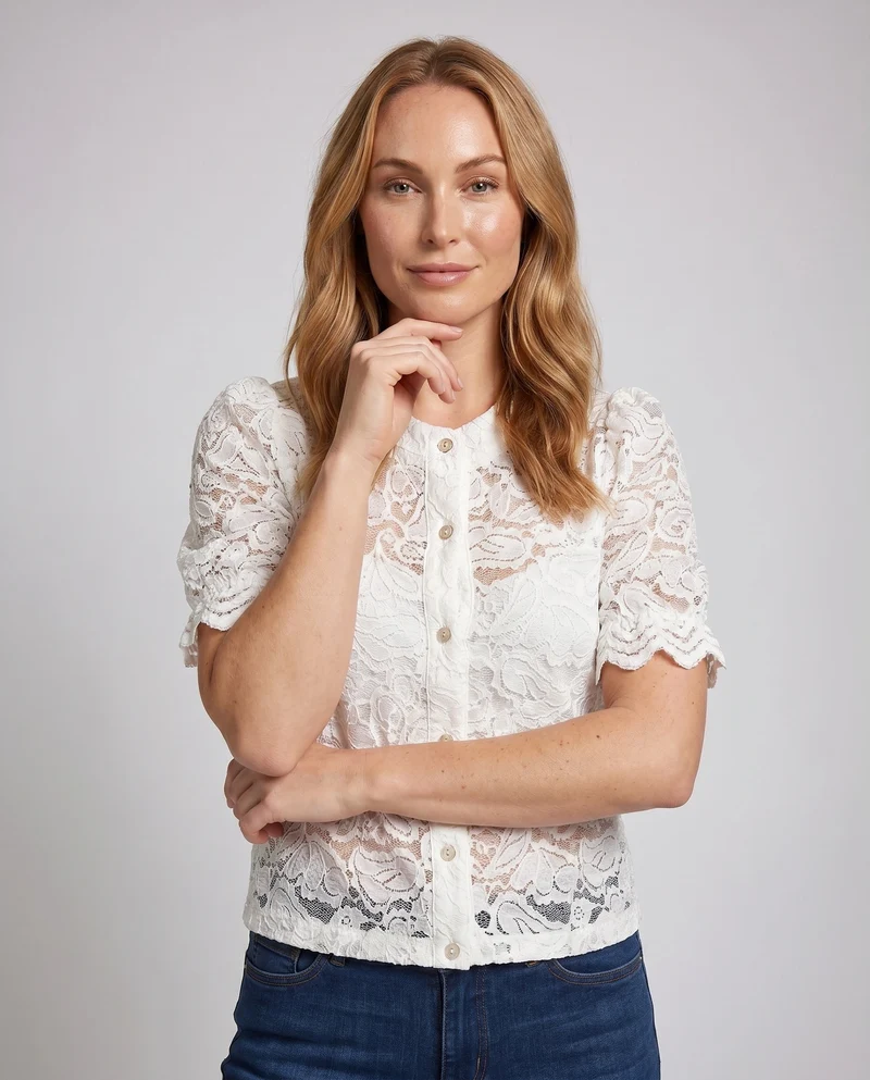 Damen elegante Spitzenbluse mit Knopfdetail und halbarmigen Puffärmeln