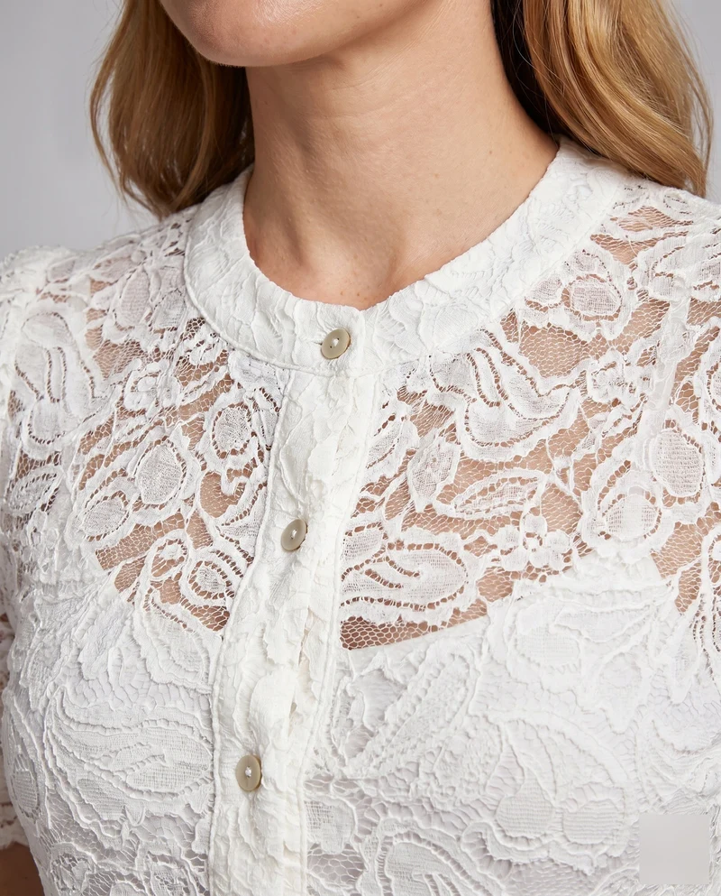 Damen elegante Spitzenbluse mit Knopfdetail und halbarmigen Puffärmeln