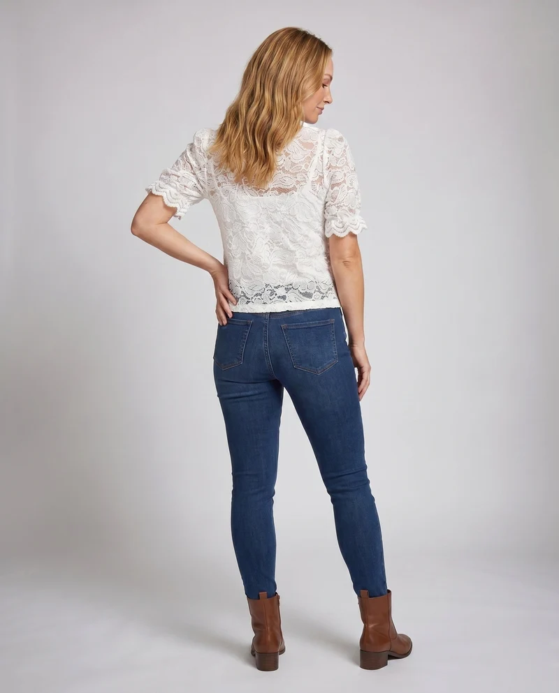 Damen elegante Spitzenbluse mit Knopfdetail und halbarmigen Puffärmeln