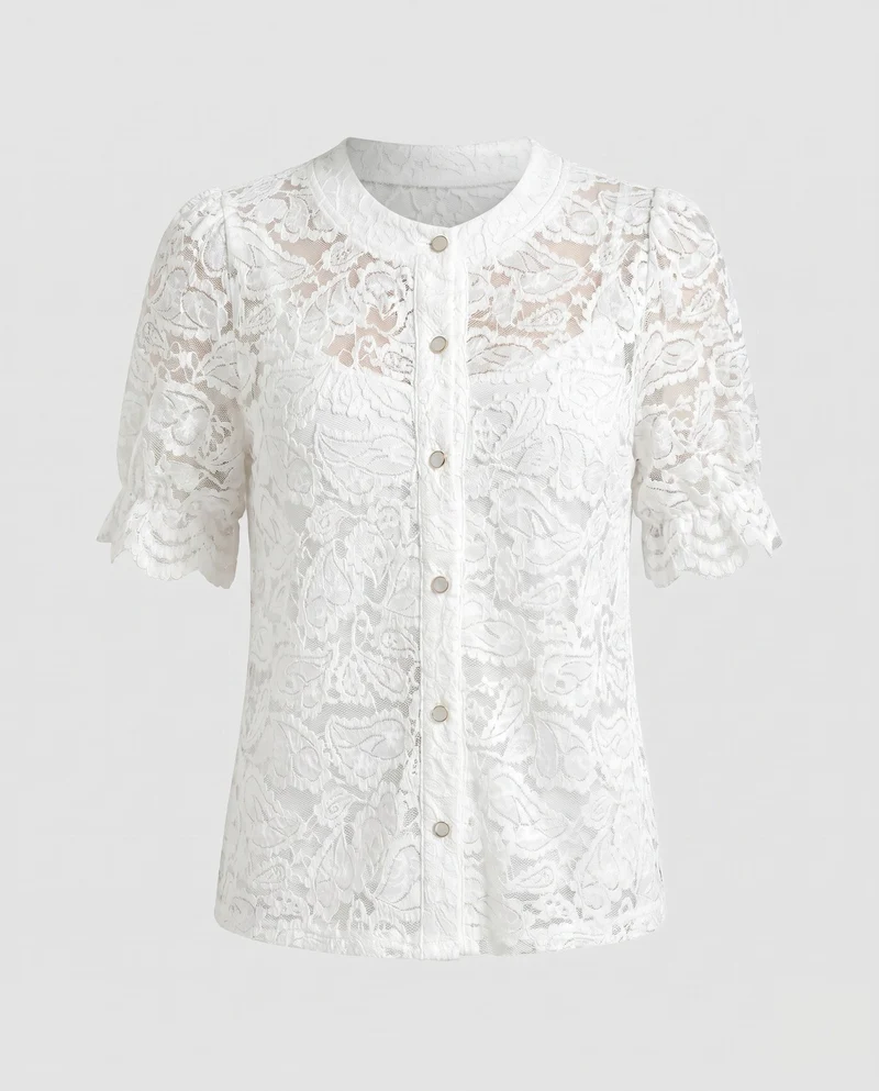 Damen elegante Spitzenbluse mit Knopfdetail und halbarmigen Puffärmeln