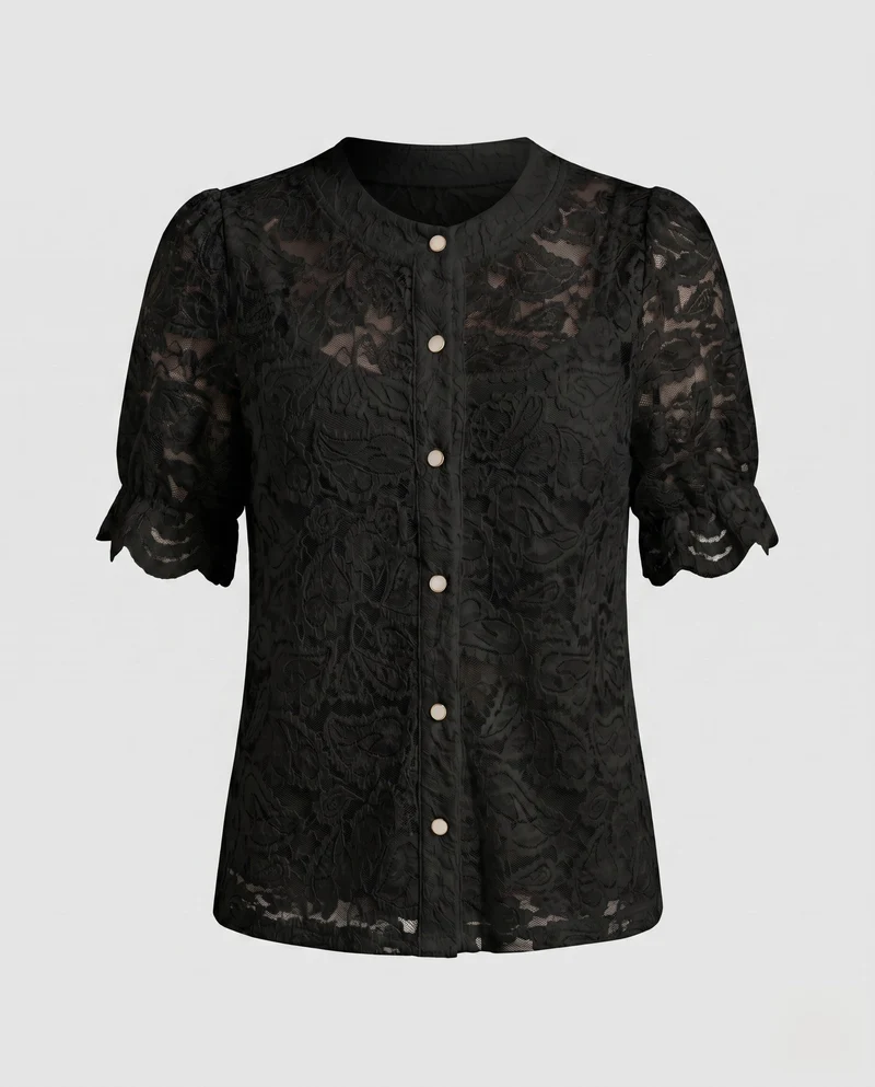 Damen elegante Spitzenbluse mit Knopfdetail und halbarmigen Puffärmeln