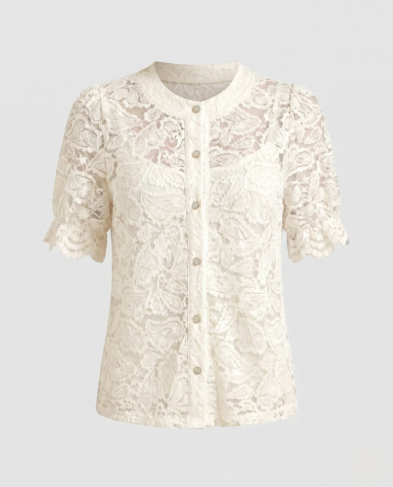 Damen elegante Spitzenbluse mit Knopfdetail und halbarmigen Puffärmeln