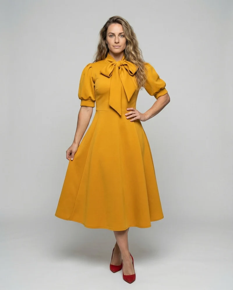 Damen nan elegantes Midikleid mit Schleifenkragen, Puffärmeln und tailliertem Tellerrock Nord Taschen