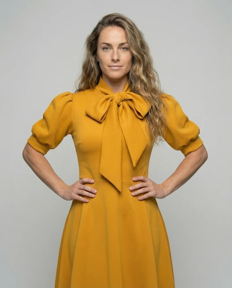 Damen nan elegantes Midikleid mit Schleifenkragen, Puffärmeln und tailliertem Tellerrock Nord Taschen