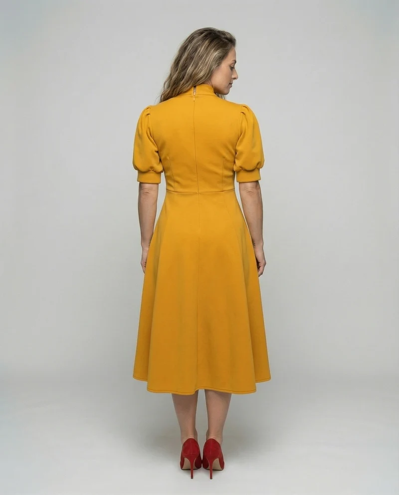 Damen nan elegantes Midikleid mit Schleifenkragen, Puffärmeln und tailliertem Tellerrock Nord Taschen