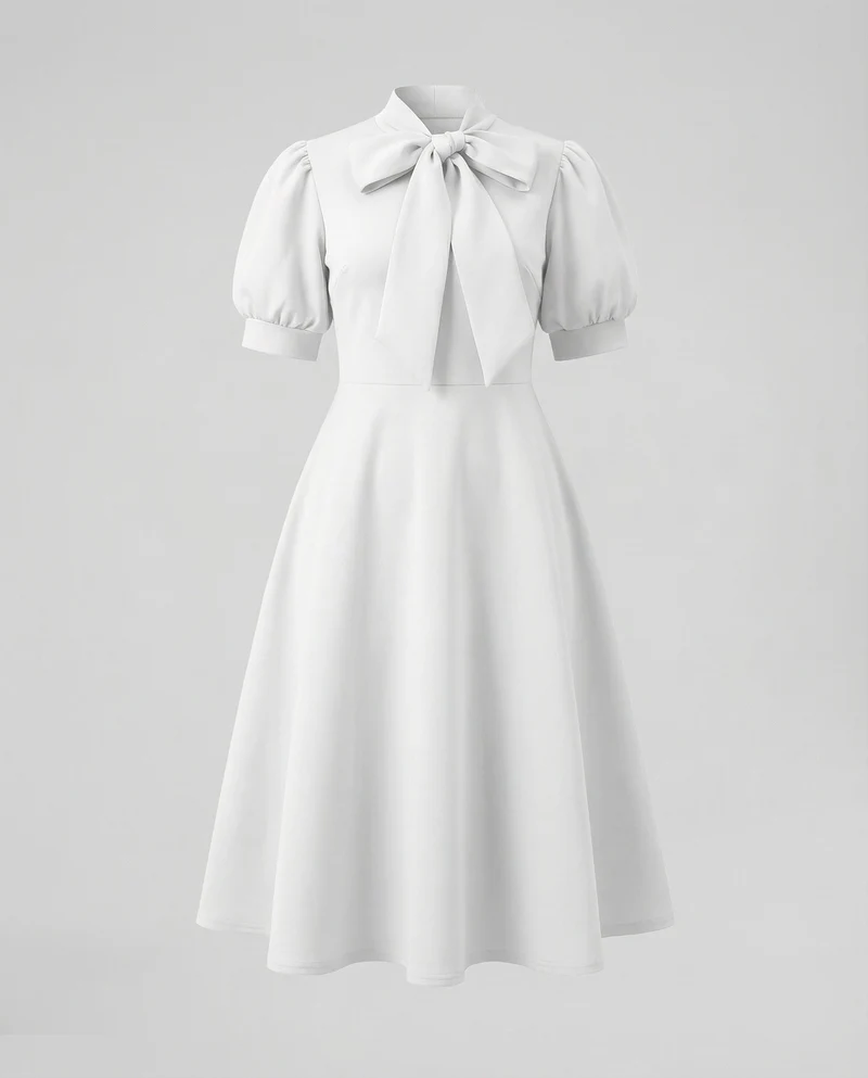 Damen nan elegantes Midikleid mit Schleifenkragen, Puffärmeln und tailliertem Tellerrock Nord Taschen