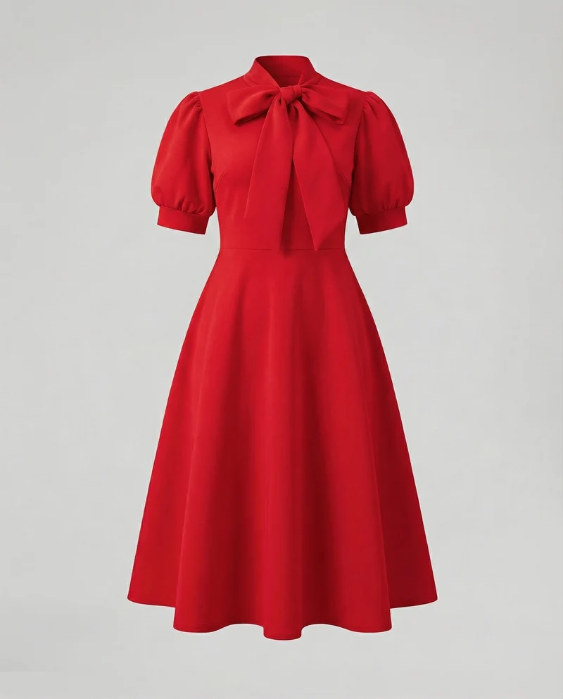 Damen nan elegantes Midikleid mit Schleifenkragen, Puffärmeln und tailliertem Tellerrock Nord Taschen