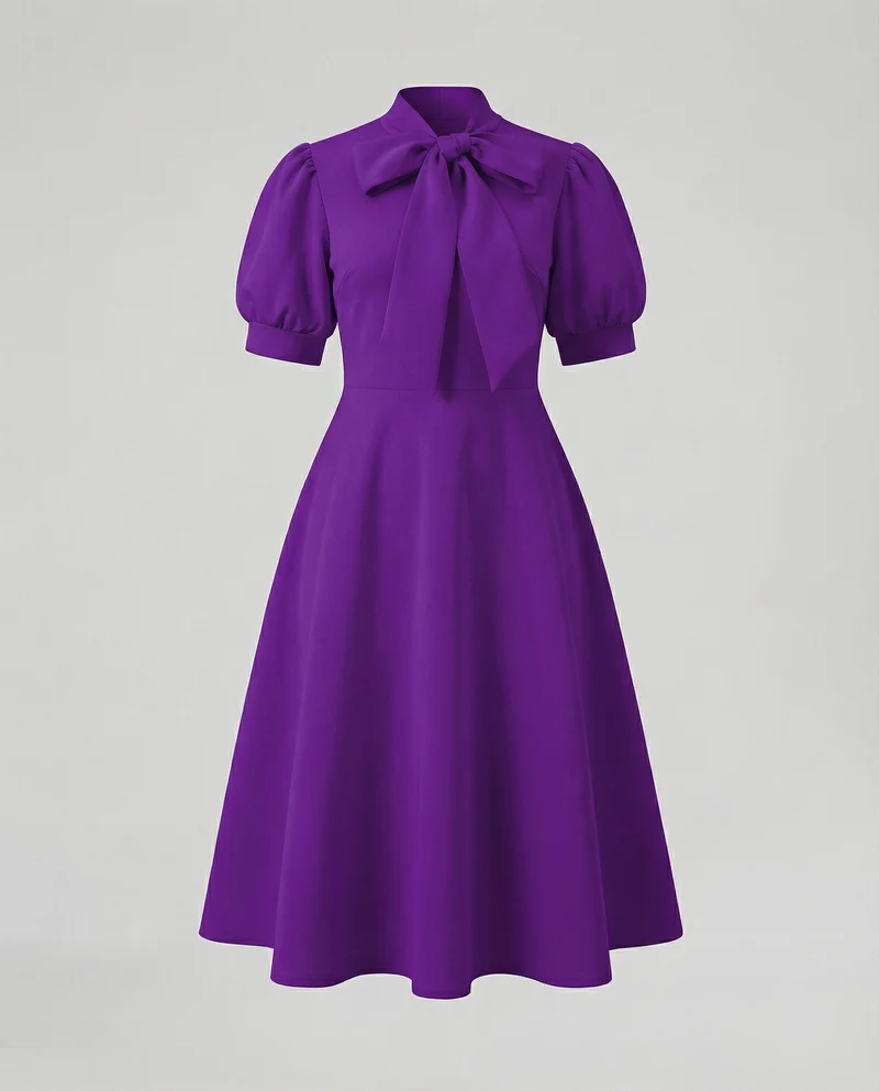 Damen nan elegantes Midikleid mit Schleifenkragen, Puffärmeln und tailliertem Tellerrock Nord Taschen