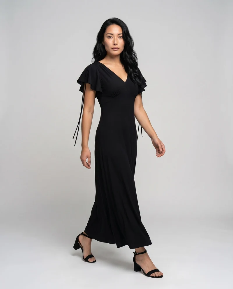 Damen Maxikleid mit voluminösen Rüschendetails und elegantem V-Ausschnitt