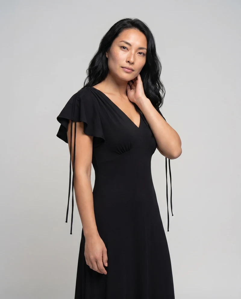 Damen Maxikleid mit voluminösen Rüschendetails und elegantem V-Ausschnitt