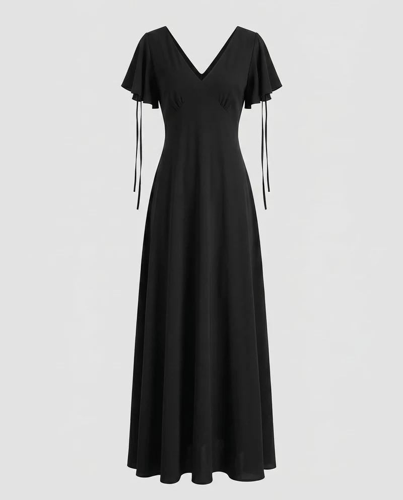 Damen Maxikleid mit voluminösen Rüschendetails und elegantem V-Ausschnitt