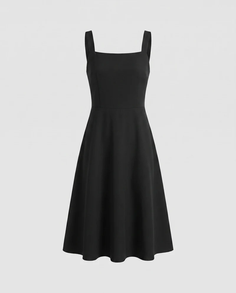 Damen elegantes Midi-Kleid mit schmalen Trägern und weit ausgestelltem Rock
