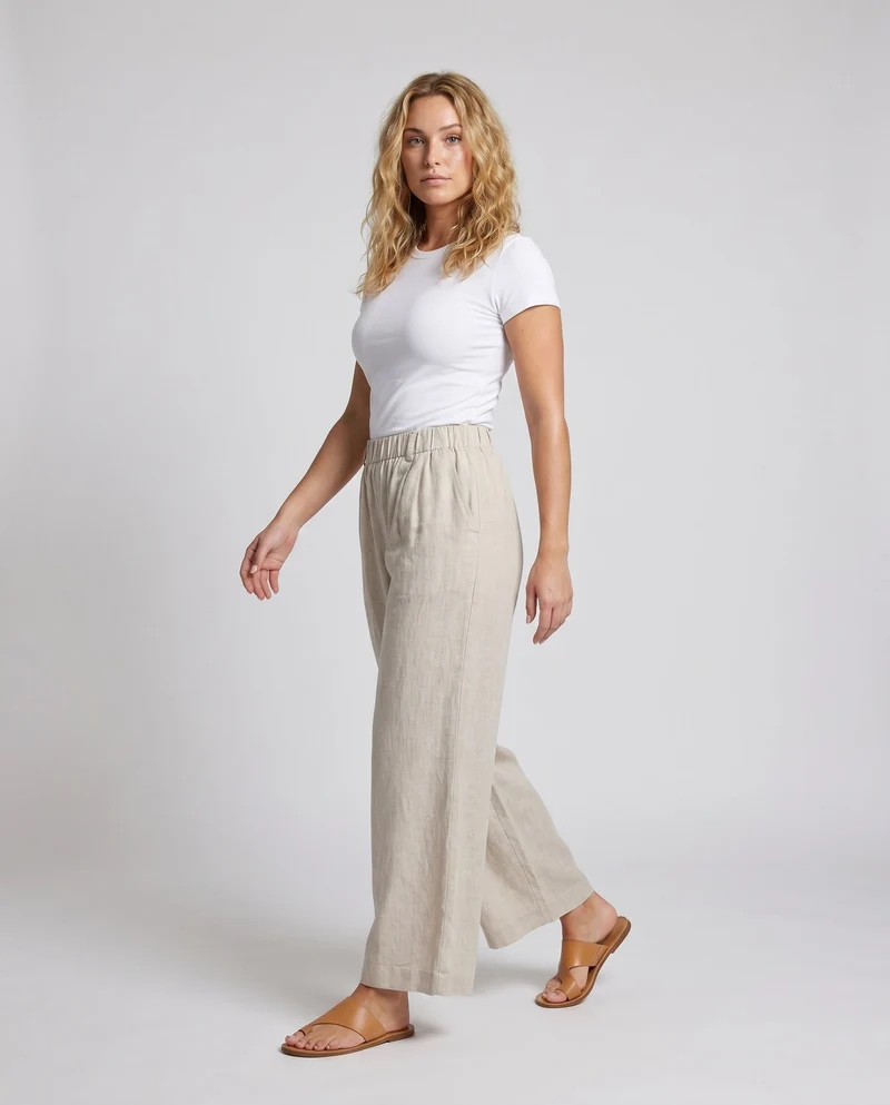 Damen luftige Leinen-Culotte mit elastischem Bund und seitlichen Taschen