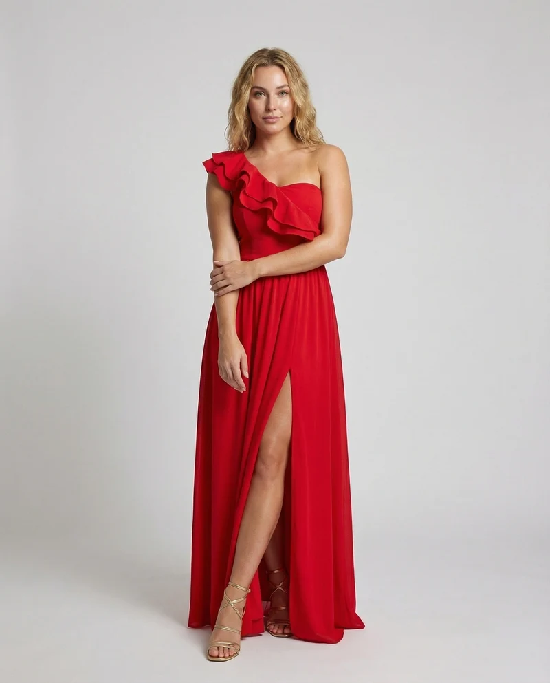 Damen Edle Einseitige Rüsche MischgewNord Taschene Abendkleid