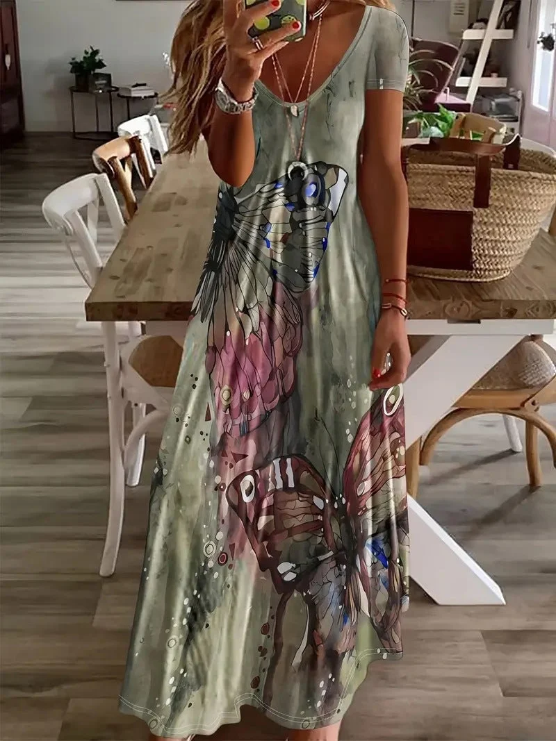 Damen Maxikleid mit buntem Schmetterlingsdruck Nord Taschen
