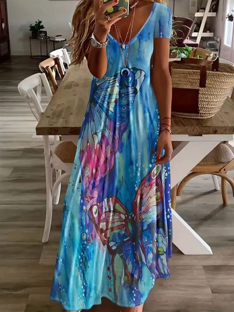 Damen Maxikleid mit buntem Schmetterlingsdruck Nord Taschen