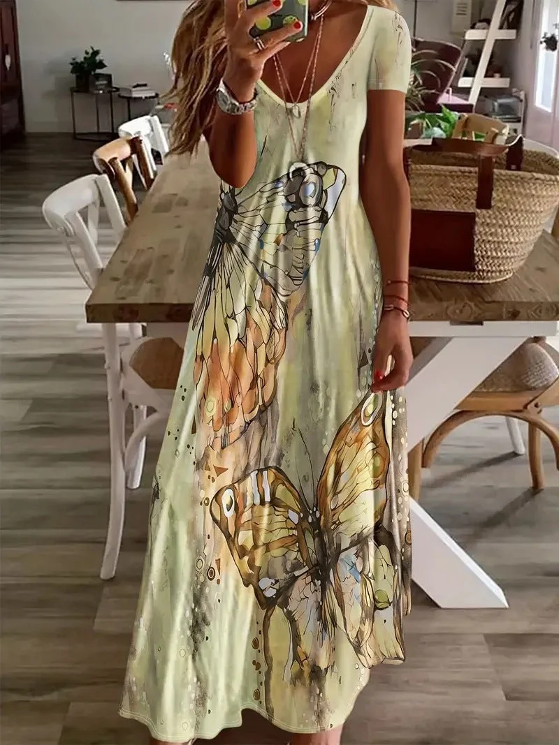 Damen Maxikleid mit buntem Schmetterlingsdruck Nord Taschen