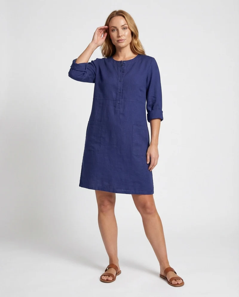 Damen Leinenkleid Rundhalsausschnitt Knopfleiste