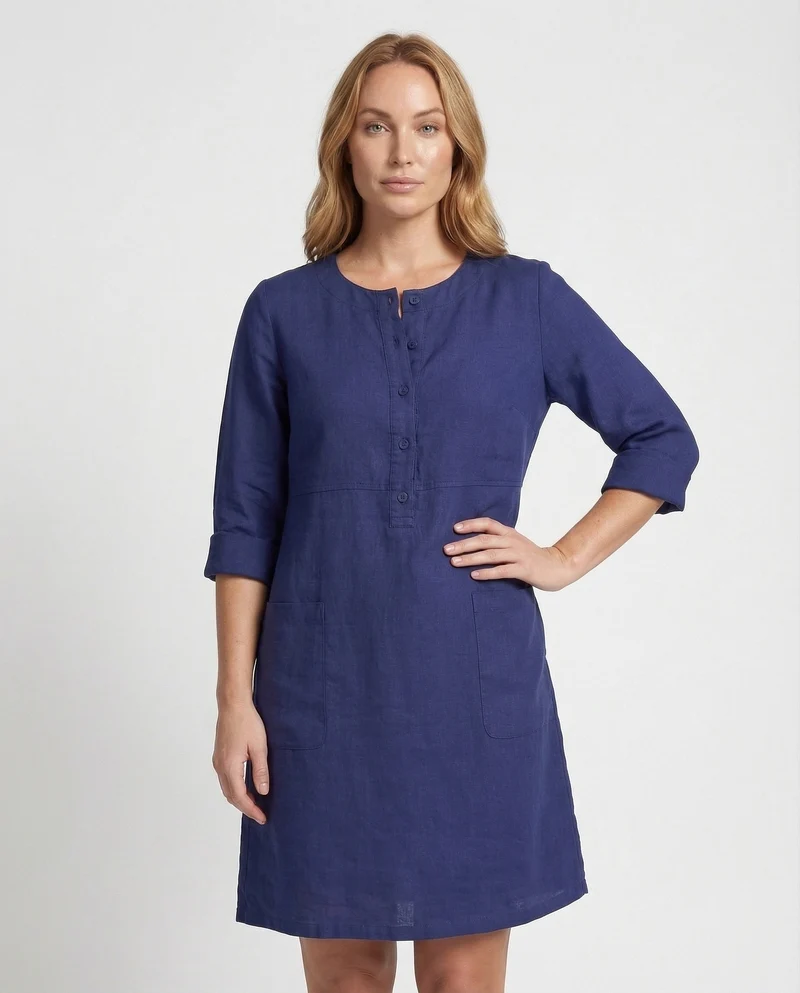 Damen Leinenkleid Rundhalsausschnitt Knopfleiste