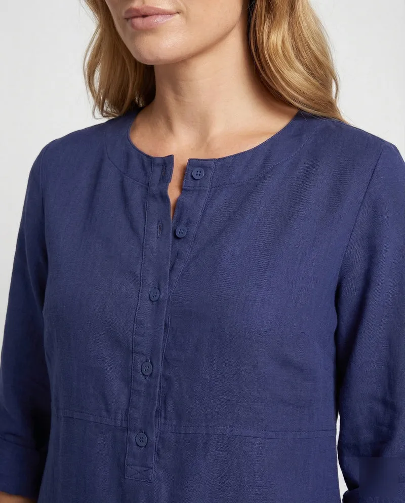 Damen Leinenkleid Rundhalsausschnitt Knopfleiste