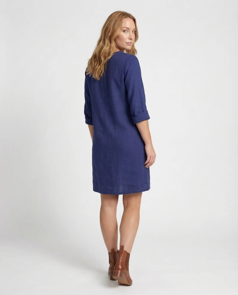 Damen Leinenkleid Rundhalsausschnitt Knopfleiste