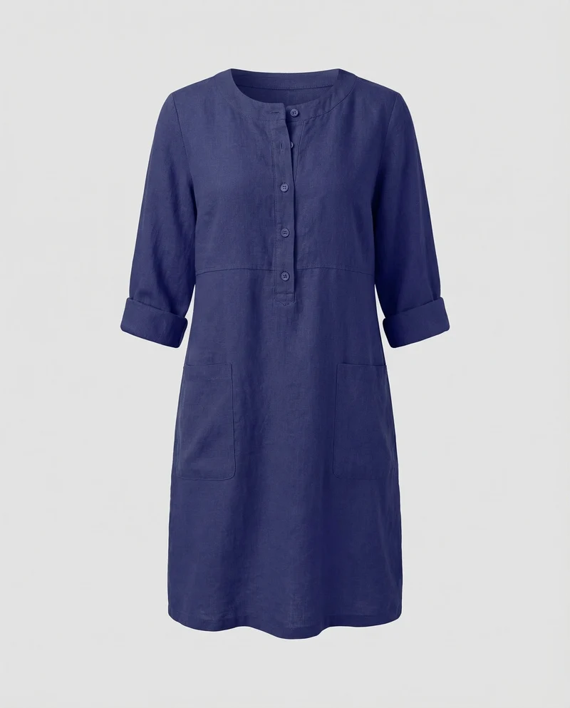 Damen Leinenkleid Rundhalsausschnitt Knopfleiste