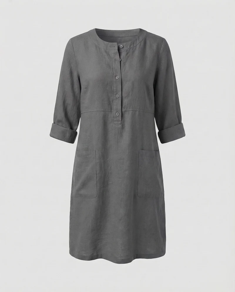 Damen Leinenkleid Rundhalsausschnitt Knopfleiste