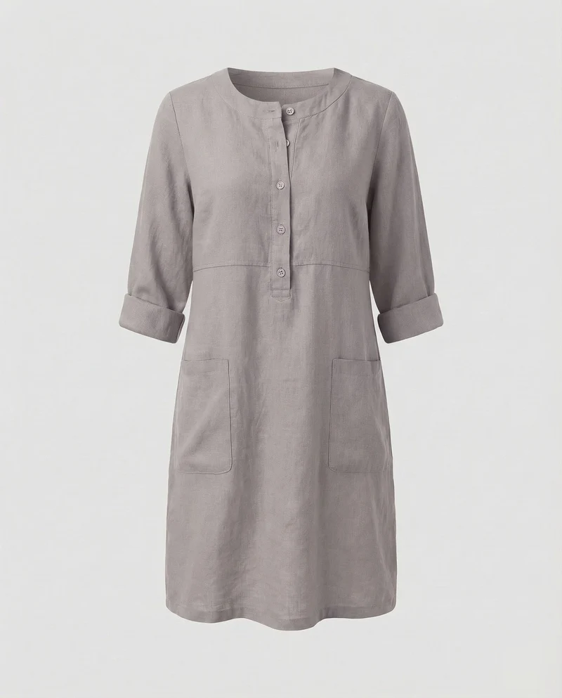 Damen Leinenkleid Rundhalsausschnitt Knopfleiste